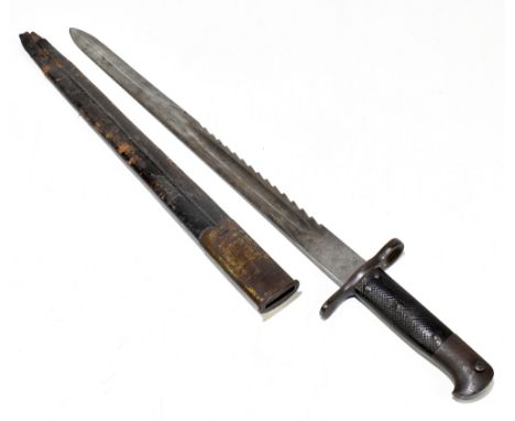 A late 19th/early 20th century Pioneers sawback bayonet, probably German, stamped to blade base 'A.S' beneath crown and above