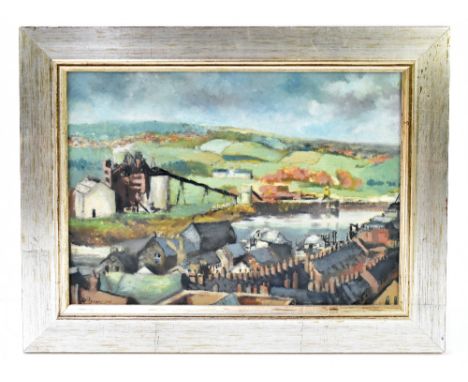 RICHARD SCOLLINS; oil on board, northern townscape with mine, signed lower left, 24.5 x 34cm. (D)Additional InformationThe oi
