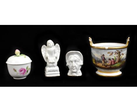 MEISSEN; a 20th century hand painted lidded trinket pot, with applied rose finial to cover and painted with floral sprays, to