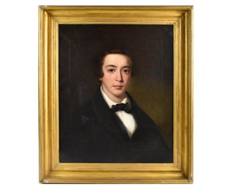 EARLY 19TH CENTURY: oil on canvas portrait of a gentleman wearing a black jacket and bow tie, apparently unsigned, bears 'Dim