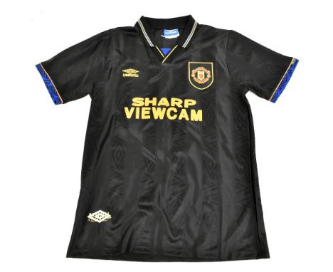 ERIC CANTONA; an Umbro Manchester United 1994-95 ‘Kung-Fu Kick’ season retro reproduction away shirt signed with ‘Cantona 7’ 