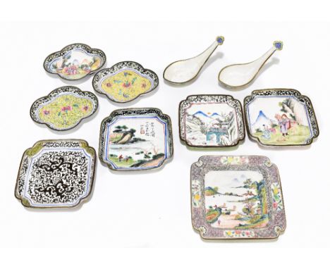A collection of Chinese enamel dishes, five of shaped square form including an example decorated with figures in landscape se