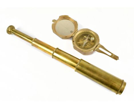 A modern brass three draw telescope, and a modern brass Stanley of London compass (2).