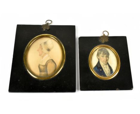 Two 19th century portrait miniatures, the smaller on ivory and depicting a young gentleman in blue jacket, with applied inscr