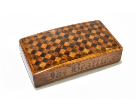 A 19th century Scottish Mauchline ware sycamore snuff box with checkered&nbsp;decoration and pen work name 'Jas. Beattie', 8 