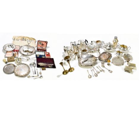 A large collection of assorted silver plate including a Victorian tea service, cocktail shaker, lidded jug, large salver, etc