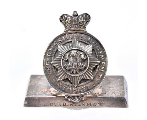 A Cheshire Regiment interest Victorian hallmarked silver menu holder bearing regimental crest for the Cheshire Regiment 4th B