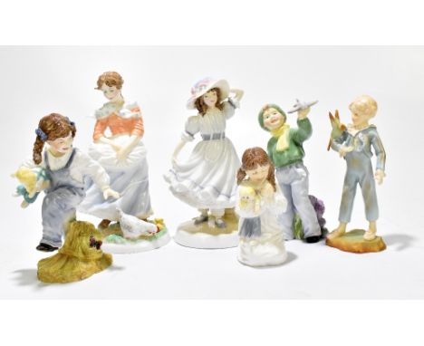 ROYAL WORCESTER; six assorted figures comprising 'A Farmer's Wife', 'Grandma's Bonnet', 'Flight' from the Boys and Girls Come