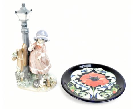 LLADRO; a large figure of a girl beside a street lamp holding a rake, height 33cm, boxed, together with a modern Moorcroft pl