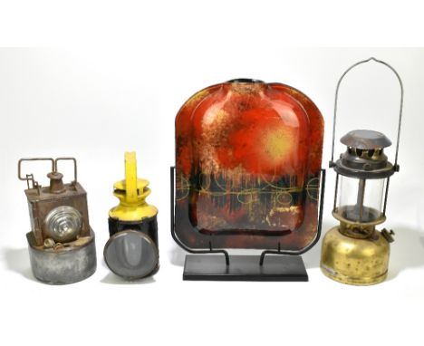 A British Rail signalman's lamp with green, amber and red filters, height 28.5cm, together with a brass and metal oil lamp, a