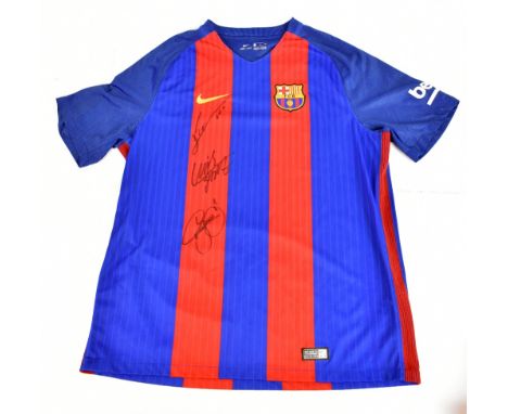 FC BARCELONA; a Nike 2016 home shirt signed by Lionel Messi, Luis Suarez and Neymar Jr., size XL. Additional InformationCreas