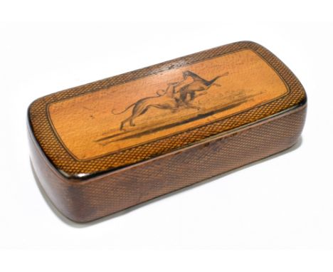 A 19th century Scottish Mauchline ware pen work sycamore snuff box featuring two coursing greyhounds to lid, stamped maker's 