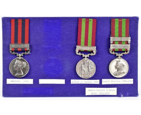 An India 1849-95 Medal with 'Bhootan' clasp impressed to 388 J. J. Usher H Ms. 55th Regiment and two India 1895-1902 medal, t