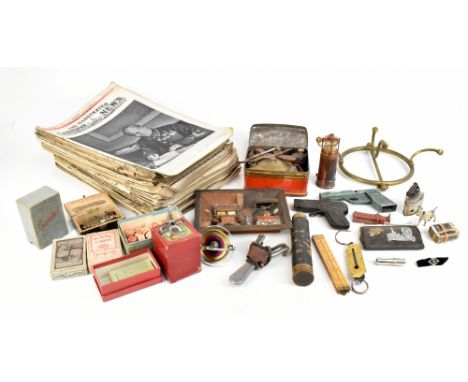 A mixed group of collectors' items including telescope, miniature lamp, rule, vintage boxed Primus stove, etc. also a group o