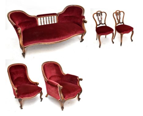 A Victorian five piece walnut framed parlour suite, comprising double chair back sofa, length 166cm, gentleman's and lady's a