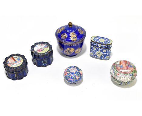 Four Chinese enamel trinket boxes and covers including a pair of shaped circular form with figures, inside jewelled decoratio