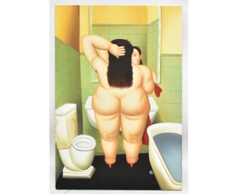 FOLLOWER OF BERYL COOK; oil on canvas, nude in a bathroom, 92.5 x 62.5cm, unframed.Additional InformationLight wear to the ca