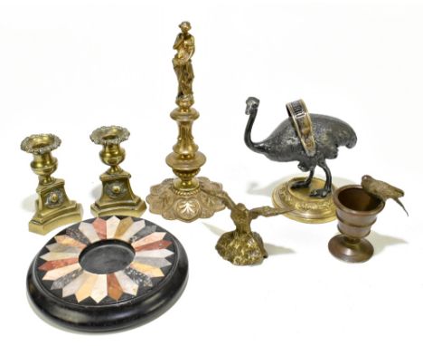 A group of collectors' items including a pietra dura inkstand, diameter 18cm, a silvered metal ostrich mounted on base, stamp
