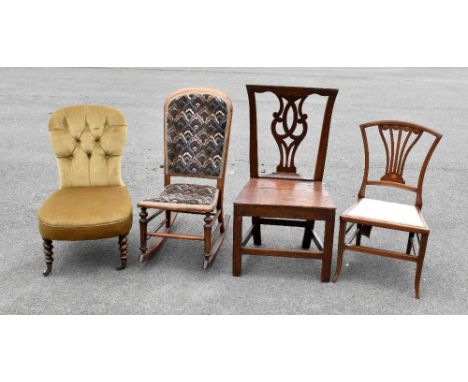 A Victorian walnut salon chair, with green dralon upholstery, raised on spiral fluted legs, together with a George III oak Co