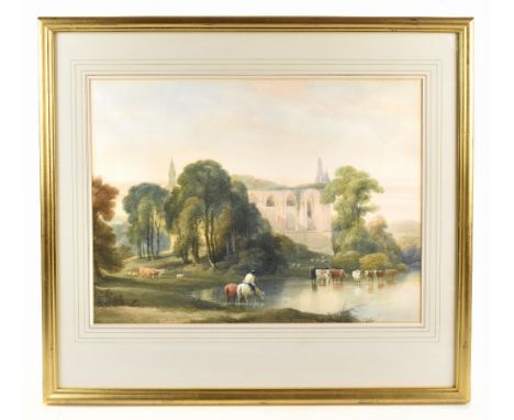 WILLIAM HARVELL (1782-1857); watercolour, 'Bolton Abbey', rural landscape with horses and cattle watering to the foreground a