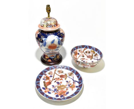 A modern Chinese porcelain vase shaped lamp, together with a matching Imari bowl and charger, printed mark verso for Made in 