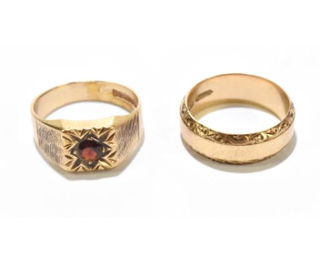 A gentleman’s 9ct yellow gold part textured signet ring set with ruby coloured stone, approx size U, together with a 9ct yell