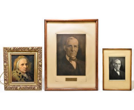 A monochrome portrait print, 'Joseph Rank 1924', 32.5 x 23cm, a smaller photographic print of the same individual with indist