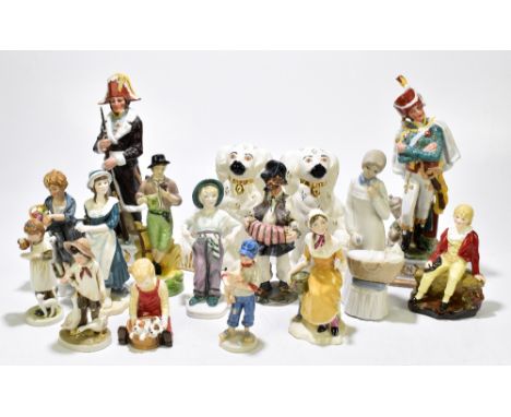 A group of assorted English and Continental figures including Crown China 'Ribbon Seller', two Capodimonte-style figures of s