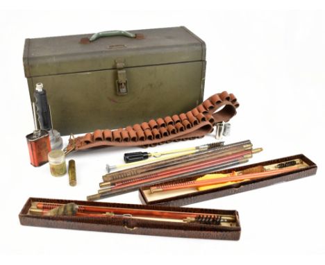 A mixed group including a Webley target launcher, two cartridge/ammunition belts, gun cleaning kit and related accessories, e