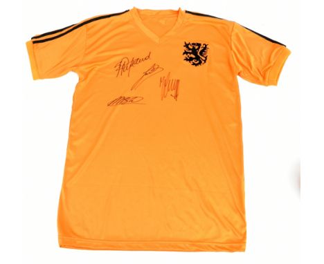 NETHERLANDS LEGENDS; a Netherlands retro-style home shirt signed by Cruyff, Van Basten, Gullit and Rijkaard, no. 14 to revers