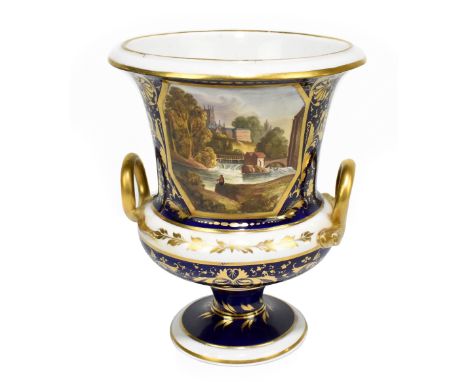 DERBY; a 19th century pedestal vase with hand painted panel 'A View of Switzerland', with serpent scrolling handles, height 2