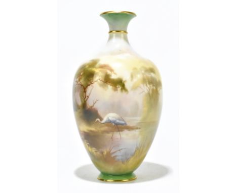 W POWELL FOR HADLEY'S WORCESTER; a hand-painted vase of ovoid form with flared neck, decorated with storks in landscape setti