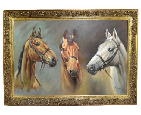 J. FRASER; oil on board, 'We Three Kings', a study of Arkel, Red Rum and Desert Orchid, signed lower right, 59 x 89.5cm, fram