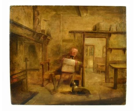 AFTER SIR DAVID WILKIE; oil on panel, figure seated in an interior with dog by his side, signed and dated 1839 with label and