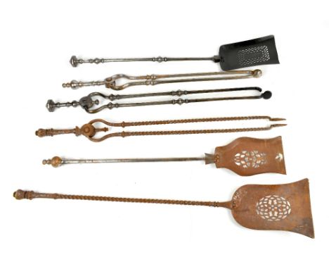 Three pairs of late Georgian fire companion tools, length of each approx 73cm (6).