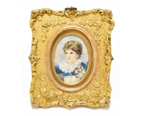 19TH CENTURY ENGLISH SCHOOL; watercolour on ivory, portrait of a boy holding flowers, 5.5 x 4cm, in giltwood and gesso frame.