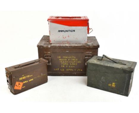 Four metal ammunition cases, the largest named '12 rocket hand fired illuminating para L3A2 in I CNR' (4).