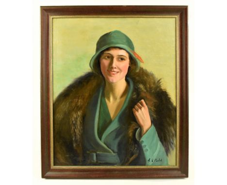 G.V FIELD; oil on canvas, portrait of a lady in a 1920s green bonnet and coat and fur stole, signed lower right, 60 x 49.5cm,