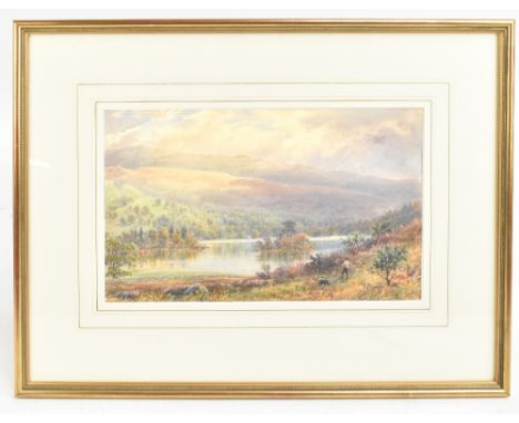 EA WARMINGTON (1830-1903); watercolour, 'Rydal Water', Lake District landscape with shepherd, sheepdog and flock to foregroun