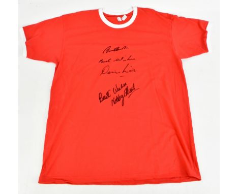 MANCHESTER UNITED LEGENDS; a Manchester United retro-style cotton home shirt signed to front by Sir Bobby Charlton, Denis Law