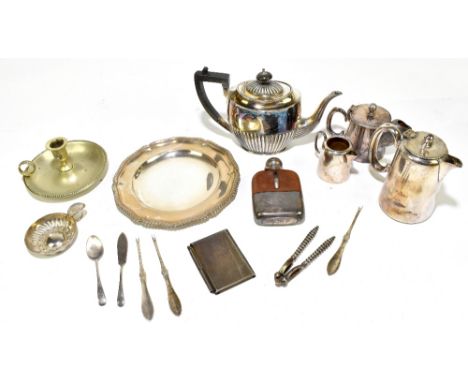 A small collection of assorted silver plate including a Mappin &amp; Webb plate, hip flask by James Dixon &amp; Sons, box wit