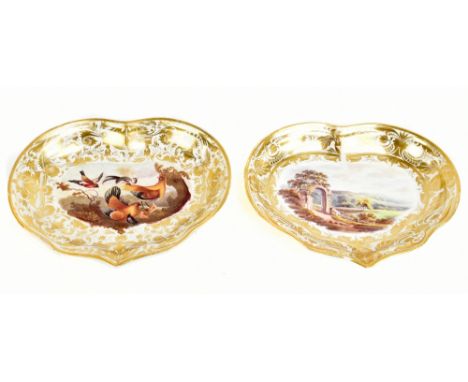 DERBY; two shaped dishes with painted scene to centre, the first a landscape titled 'Near Kingston', the second featuring fow