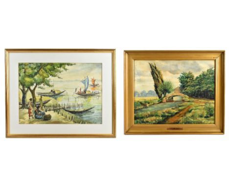 RAJENA BHUIYA; watercolour, river scene with boats and figures, signed and dated April 2002 lower right, 35.5 x 49cm, framed 