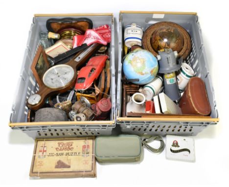 A mixed group of collectors' items including two small table globes (one af), a British Telecom klaxon, a pair of binoculars,