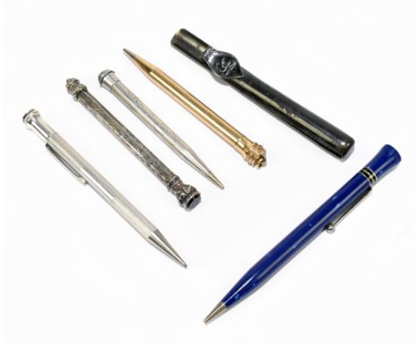 CONWAY STEWART; a Duro-Point No.1 propelling pencil, cased, together with two hallmarked silver propelling pencils with engin