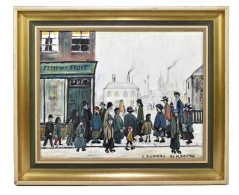 M. BENTON AFTER LOWRY; oil on canvas, street outside a fish and fruit shop, signed lower right, 39 x 49.5cm, framed.Additiona