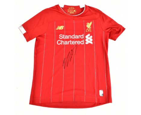 MOHAMED SALAH; a New Balance Liverpool 2019-20 season child’s home shirt signed to front, size XLB. Additional InformationCre