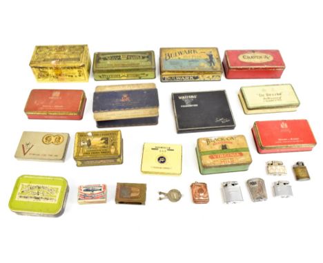 A collection of tobacco tins including Craven 'A', Three Castles, Bulwark, Meadowland, Mark's Finest Egyptian Cigarettes, etc