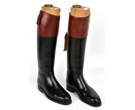 A pair of black leather hunting boots with tan leather tops, each with sectional boot trees for Maxwell of London, height 48c