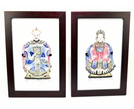 A pair of 20th century Chinese porcelain wall plaques, with painted ancestral portraits, depicting seated figures dressed in 